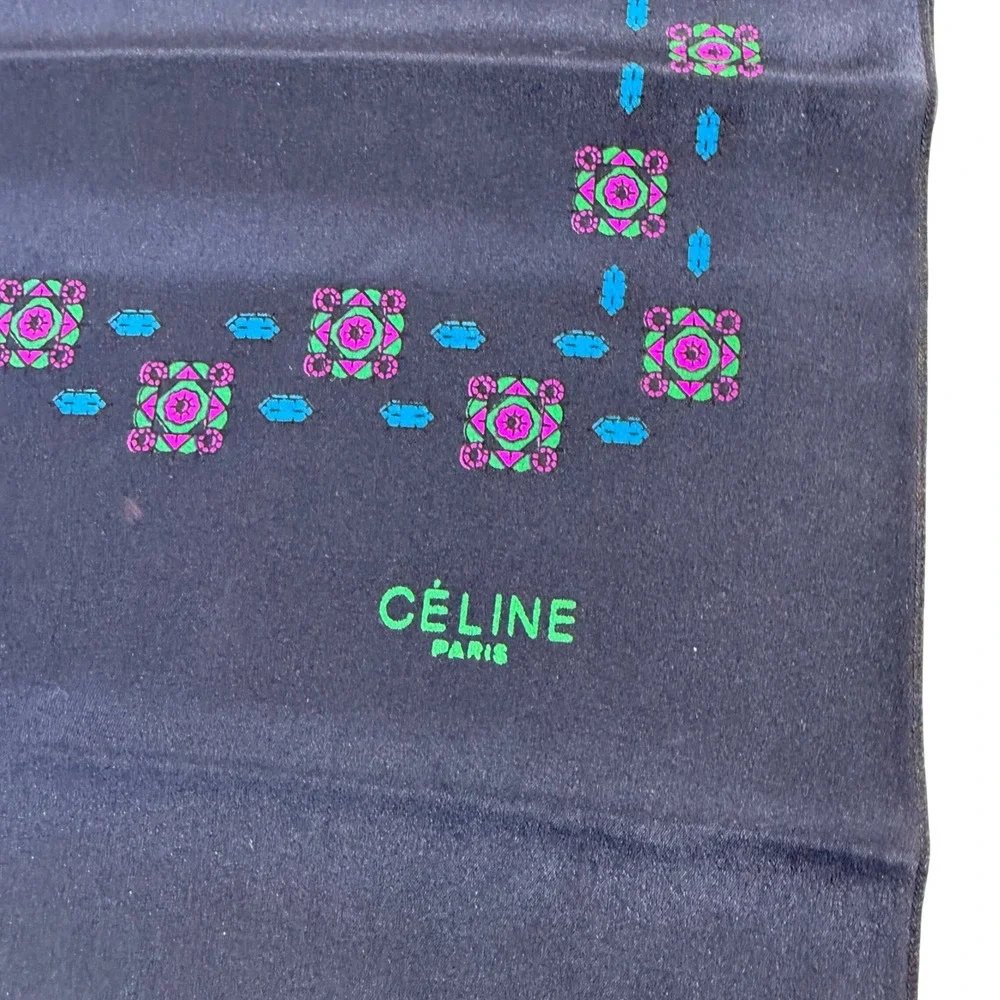 Celine Silk Scarf Navy Geometric Print Fringe Vintage 56 Inch